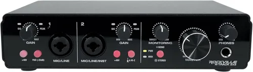 Rockville R-TRACK 2x2 USB 2.0 Interfaz de audio, 24 bits/192 kHz, 2 micrófonos con conectores combinados, E/S MIDI, alimentación fantasma, para
