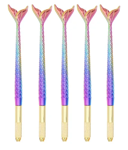 Vista 2 de XIAOYU 5 bolígrafos de microblading manuales de sirena, maquillaje permanente, hechos a mano, suministros con 10 agujas redondas y 10 agujas