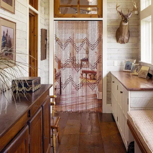 Vista 4 de Cortina hecha a mano con cuentas para puerta, cuentas de madera de bambú, decoración bohemia rústica para tienda del hogar, 35.5 x 75 pulgadas