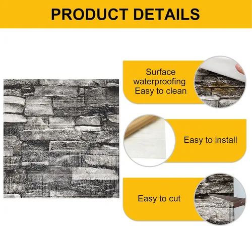 Vista 3 de uxcell Paneles de pared 3D para despegar y pegar, 30 piezas de papel tapiz de ladrillo de espuma para dormitorio, panel de pared de piedra