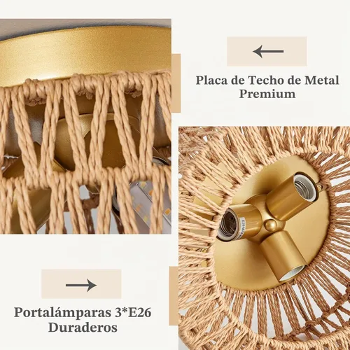 Vista 5 de Lámparas de Techo de Ratán para Montaje, Lámpara de Techo Empotrada Boho de 3 Luces, Iluminación de Lámpara con Pantalla de Jaula Tejida a Mano Negro