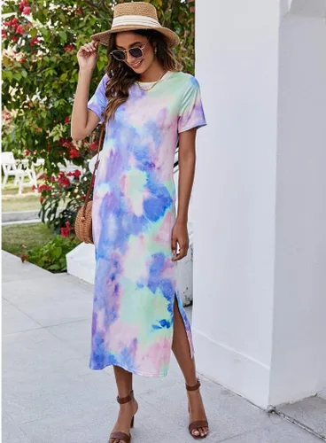 Vista 2 de Naggoo - Vestido largo para mujer, manga corta, estilo informal, con corte lateral, de teñido anudado, con bolsillos