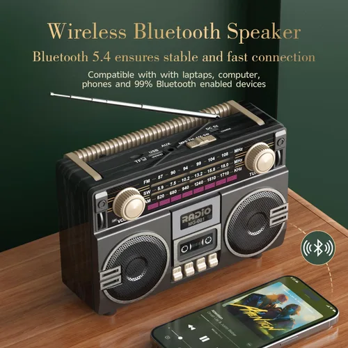 Vista 4 de Radio AM FM portátil con doble altavoz, radio retro recargable USB-C, radios de transistor con excelente recepción, perilla grande fácil de usar