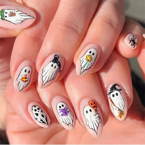 Vista 25 de Uñas postizas a presión de Halloween, uñas postizas cuadradas cortas con diseños de gato negro, acabado degradado brillante, cobertura completa