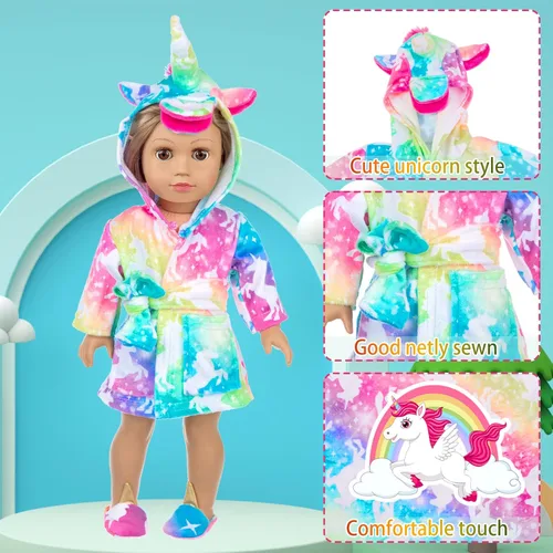 Vista 4 de Ropa y accesorios para muñecas americanas de 18 pulgadas, juego de saco de dormir para muñecas, ropa de muñeca de unicornio con sacos de dormir
