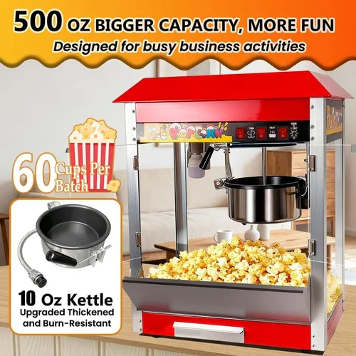 Vista 3 de Commercial Popcorn Machine, Authentic 10oz Kettle Countertop Popcorn Maker with Waming Deck, 1300W Large Popcorn Machine for Restaurant, Concession