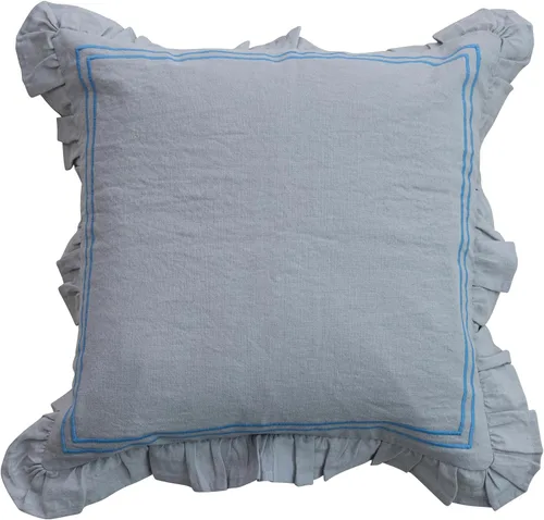 Creative Co-Op Almohada de algodón y lino con rayas bordadas y volantes, azul