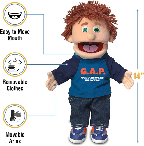 Vista 3 de Niño durazno de 14", God answers prayers, marioneta de mano de Ministerio Cristiano.