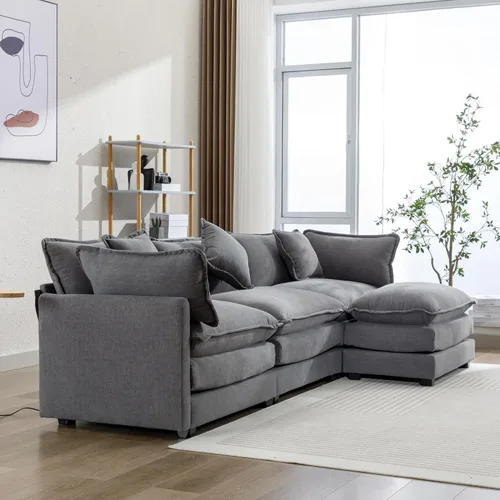 Vista 180 de Sofá modular de felpilla con tapicería en forma de L, sofá modular de 4 asientos con otomana extraíble y 5 almohadas para sala de estar, apartamento