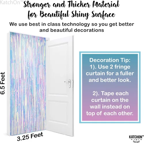 Vista 2 de KatchOn - Serpentinas iridiscentes de neón extra grandes – Decoraciones de fiesta iridiscentes de 3.2 x 6.5 pies Cortina de flecos iridiscentes