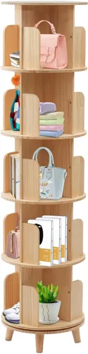 Estantería giratoria de 360, estante apilable de madera maciza de 5 niveles, estante de almacenamiento de pie para sala de estar, estudio y oficina