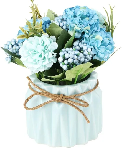 SUPNIU Ramo de hortensias artificiales con pequeño jarrón de cerámica de seda falsa, bolas de flores variadas, decoración de flores para mesa, Azul