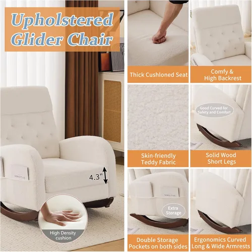 Vista 4 de VINGLI Teddy - Mecedora de forro polar para asiento bajo, silla tapizada para cuarto de bebé, con bolsillos laterales, sillón decorativo