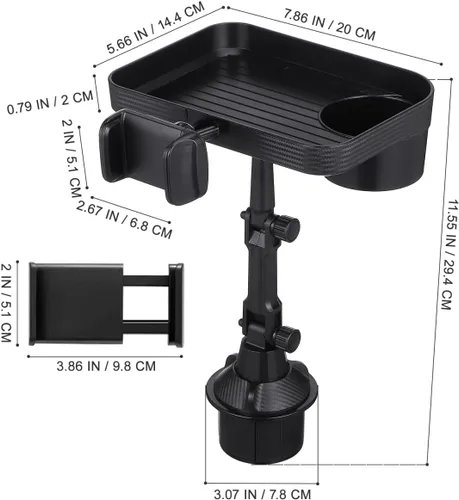 Vista 3 de CALLARON Bandeja portavasos, bandejas para automóvil para comer, bandeja giratoria ajustable 3 en 1 para alimentos, soporte universal para vasos