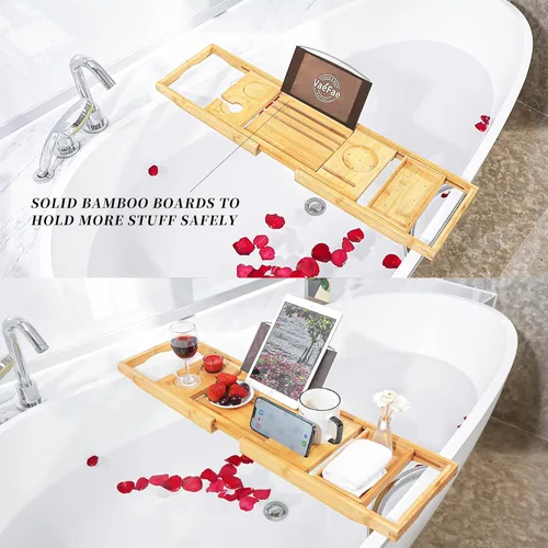 Vista 6 de VaeFae - Bandeja extensible de bambú para bañera, bandeja de baño para tina con ranuras mejoradas para vino y soporte para libros - Ideal para uso