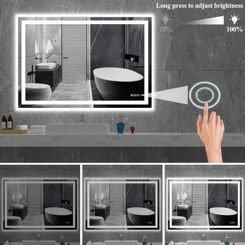 Vista 4 de Espejo de baño LED, espejo de maquillaje LED de 40 x 32 pulgadas, espejo frontal y retroiluminado para baño, espejos de pared con antivaho y a