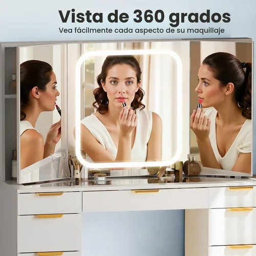 Vista 5 de Escritorio de tocador con 11 cajones con parte superior de cristal con silla, manijas de cristal con espejo y luces, tocador con toma de corriente