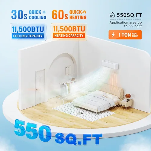 Vista 2 de ROVSUN - Aire acondicionado Mini Split con Wifi y sistema de calefacción, 11500 BTU, 17 SEER2, 115V, inversor, sin conductos, unidad de pared