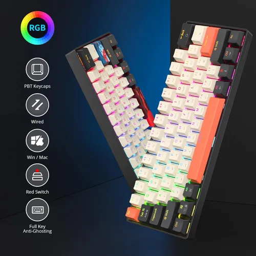 Vista 4 de Fogruaden Teclado mecánico con cable RGB 60%, teclado para juegos de 61 teclas 60% con interruptor rojo, teclado mecánico pequeño y compacto