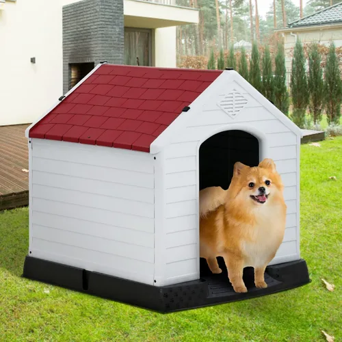 Vista 16 de Casa para perros para interiores y exteriores, impermeable, ventilada, de plástico, jaula de refugio para mascotas con ventilación y suelo elevado