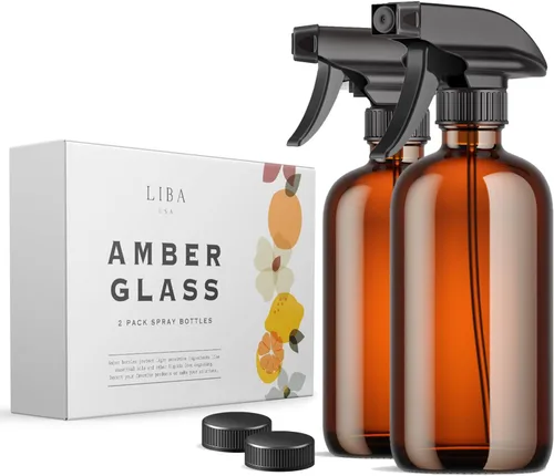 LiBa Paquete de 2 botellas de vidrio ámbar, botella de spray vacía recargable de 16 onzas para limpieza, aceites esenciales, cabello, plantas,