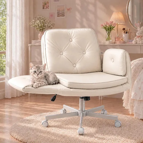 Sepnine Silla cruzada con ruedas y brazos ajustables, silla ancha de tocador de piel sintética, silla de escritorio giratoria con patas cruzadas
