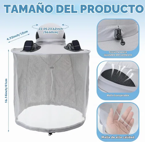 Vista 2 de Sombrero de red con 2 ventiladores solares de ala ancha con solapa para el cuello transpirable UPF 50+ para camping, senderismo, pesca