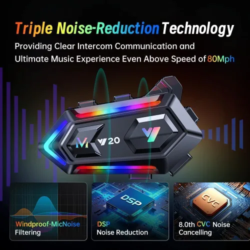 Vista 4 de Auriculares Bluetooth para casco de motocicleta, luces RGB deslumbrantes, altavoz de doble cancelación de ruido, sistemas de comunicación