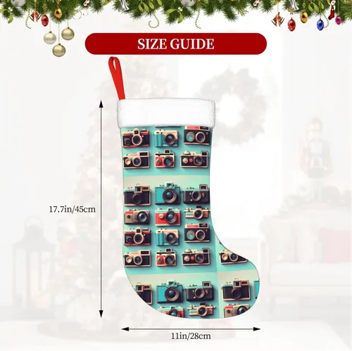 Vista 6 de Retro Cool Camera Collection Print Christmas Stocking, Christmas Tree Decor Stocking, Flannel Cuff With Hanging Ribbonâ€‹