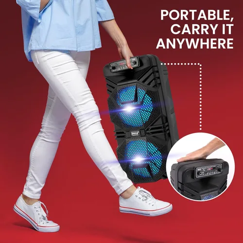 Vista 6 de Pyle Sistema de altavoces PA Bluetooth – Altavoz Bluetooth recargable de 600 W para exteriores, sistema PA portátil con subwoofer dual de 8