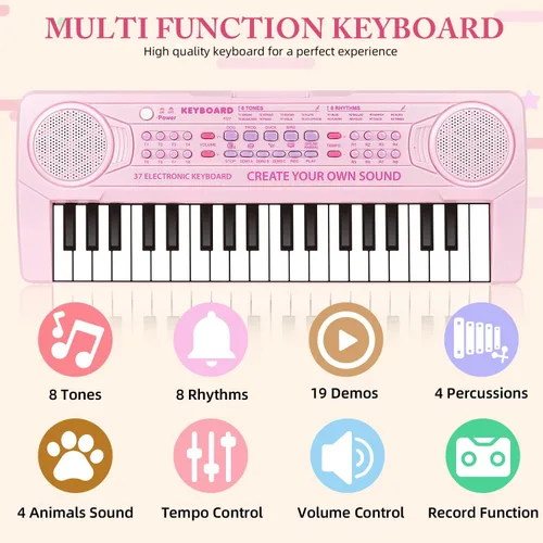 Vista 3 de Teclado de piano para niños, teclado de 37 teclas, juguetes musicales con micrófono, altavoz dual, juguetes de piano, regalos de cumpleaños