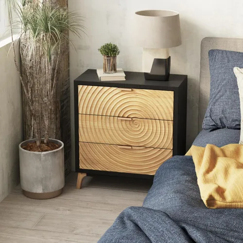 Vista 8 de LONYKE Cómoda de granja de 3 cajones totalmente montada con diseño de anillo de madera hecho a mano, mesita de noche negra para dormitorio, rústico