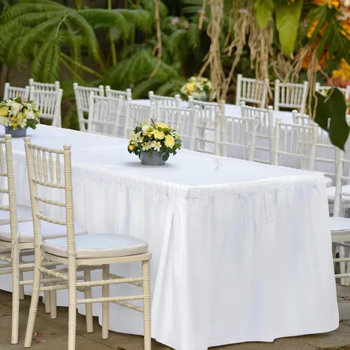 Vista 5 de TURSTIN 6 faldas de mesa de plástico blanco de 14 x 29 pulgadas para mesas rectangulares, mantel ajustable, mantel desechable para fiestas