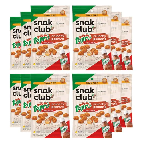 Snak Club Tajin - Cacahuetes crujientes, nueces con chile y condimento de lima, suave, bolsas de aperitivos de 2.25 onzas, paquete de 12