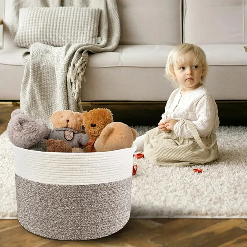 Vista 2 de Cesta de manta para sala de estar, 15.7 x 15.7 x 13.7 pulgadas, cestas de cuerda de algodón, cestas tejidas para almacenamiento, cesta de manta