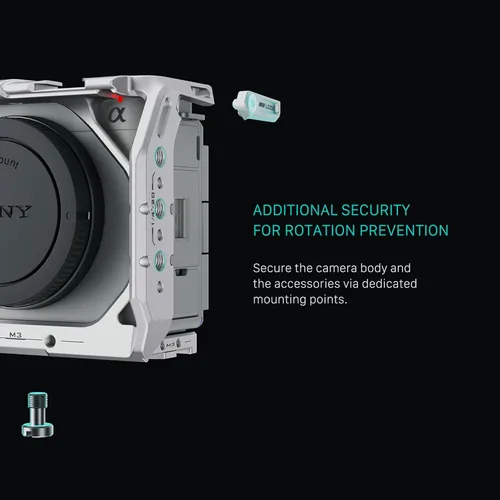 Vista 5 de Tilta Jaula completa para cámara compatible con Sony ZV-E1 Zapata fría, riel OTAN, M3 y roscas de montaje de 1/4"-20 Placa ARCA desmontable