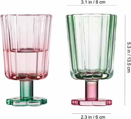 Vista 2 de Juego de 2 vasos altos ondulados (Rosa y Verde), Vaso estilo pétalo de flor, adecuado para jugo, helado, cócteles, postres y más.