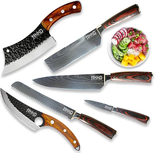 Jikko Juego de cuchillos japoneses de acero al carbono de 67 capas, serie original, juego de cuchillos de cocina con asas de madera de nogal y