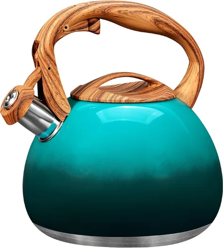 Vista 9 de GGC Tetera para estufa, 3.1QT/3L Hervidor de té silbante para hervir agua, café o leche, tetera púrpura con mango de compañero de madera, tetera