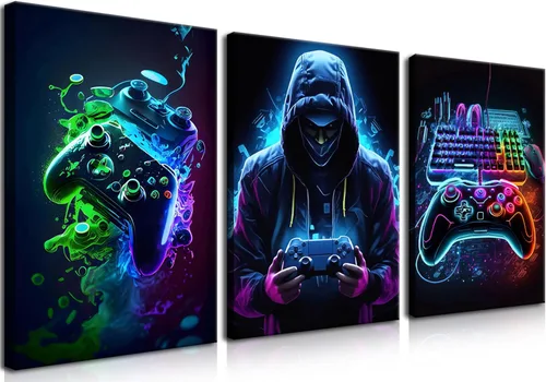 Vista 7 de BGFCE Arte de Lienzo de Pared para Gaming, Pinturas de Arte de Controlador de Juego con Salpicaduras de Tinta de Color, Pósteres para Estética