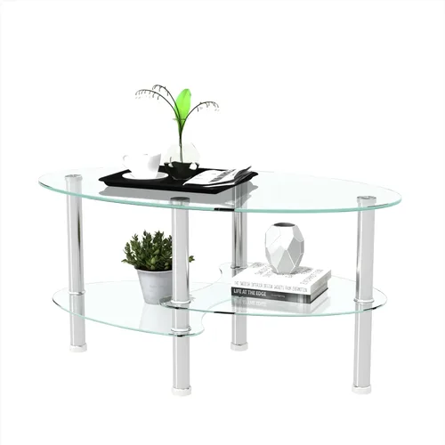 Vista 6 de Mesa de centro de cristal, mesa de centro de vidrio de 2 niveles, mesa moderna de vidrio templado para el hogar y la sala de estar (plateado)