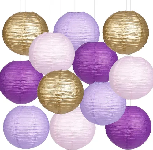 Vista 8 de Linternas de papel rosa naranja oro redondas colgantes chinas para decoración de fiesta de cumpleaños, baby shower, despedida de soltera. Paquete