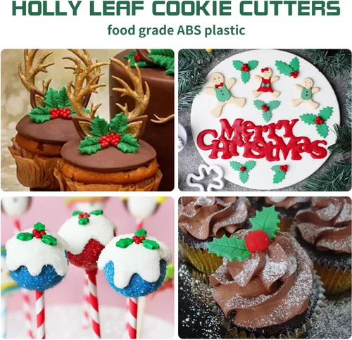 Vista 5 de KALAIEN 3 unids Holly Leaf Plunger Cutter Fondant Hornear Herramientas Cake Cookie Sugarcraft Decoración Molde