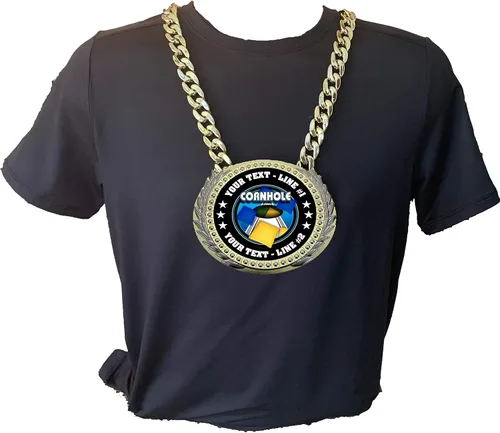 Vista 3 de Express Medals Trofeo de cadena de campeón de lanzamiento de bolsas de Cornhole versión de metal con 2 líneas de texto personalizado en una gran