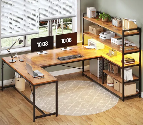 Vista 9 de SEDETA Escritorio para juegos en forma de L, escritorio reversible para computadora de 63 pulgadas con toma de corriente y estantes