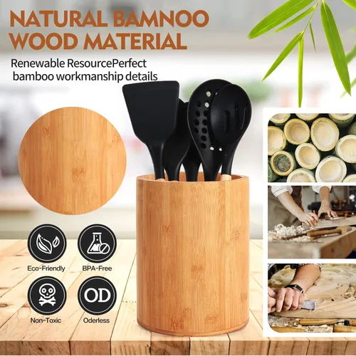 Vista 5 de Soporte de bambú para utensilios de cocina, soporte grande para encimera de cocina, cuchara de bambú y soporte para palillos para decoración