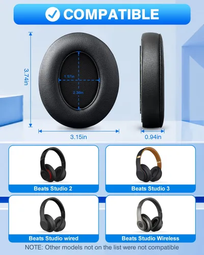 Vista 2 de F FEYCH Beats Studio - Almohadillas de repuesto para Beats Studio 3 y 2 (B0500/ B0501), 2 almohadillas de espuma viscoelástica con aislamiento