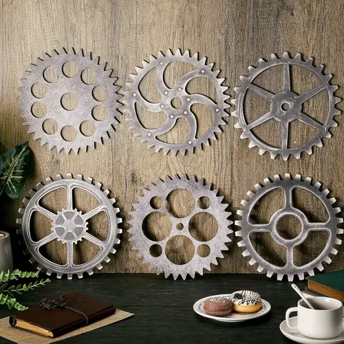 Vista 2 de 6 piezas de decoración de pared Steampunk de madera, rueda de engranajes steampunk, decoración industrial de pared de 10 pulgadas, combinación