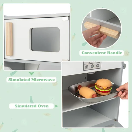 Vista 3 de GLACER Cocina de juego 2 en 1, juguetes de juego de simulación de doble cara, juegos de cocina y mesa auxiliar con accesorios de cocina, microondas