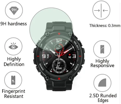 Vista 3 de Protector de pantalla de reloj (3+1 unidad) compatible con Amazfit T-Rex/T-Rex Pro, película de vidrio templado antiarañazos, cobertura completa
